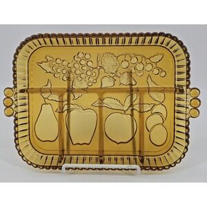 Vtg Indiana Glass Amber Relish Tray Divided Fruit Pattern W/Handles Heavy MCM